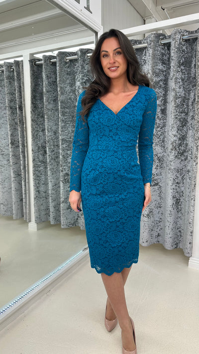 Teal Lace Long Sleeve Midi Dress