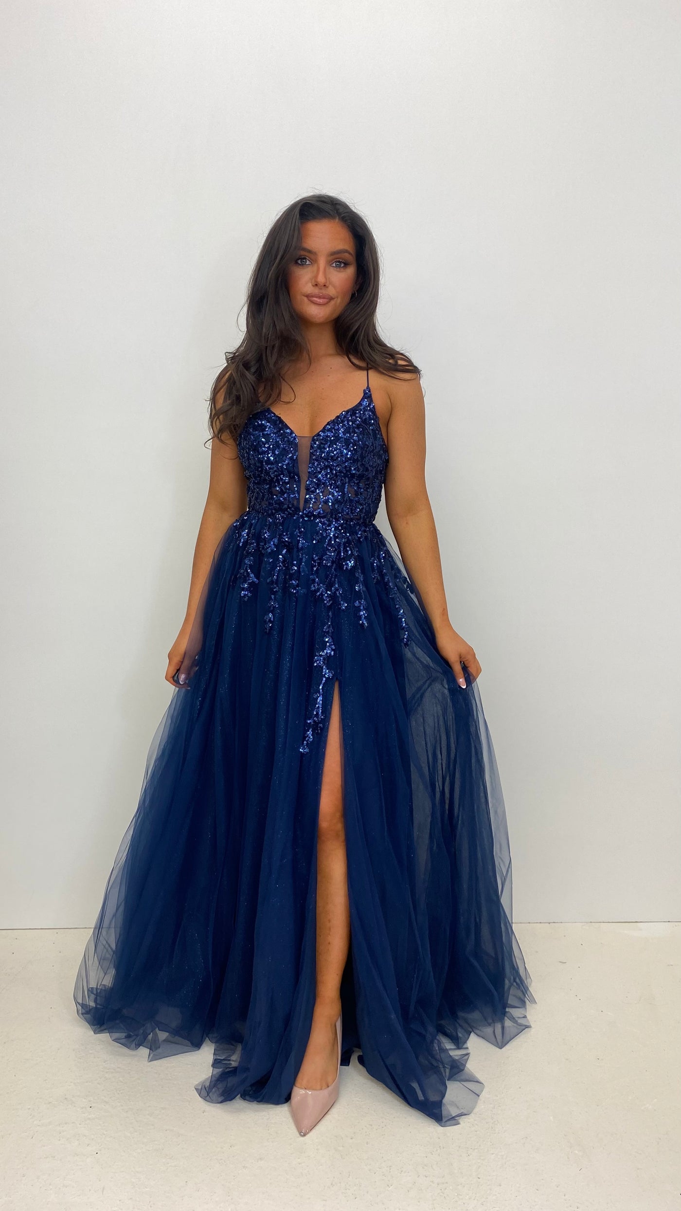 Navy Sparkle Corset Back Ball Gown