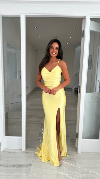 Lemon Ruched Strappy Open Back Evening Gown