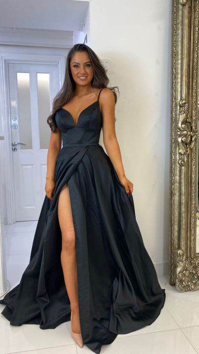 Black Satin Low Cut Corset Ball Gown Prom Dress