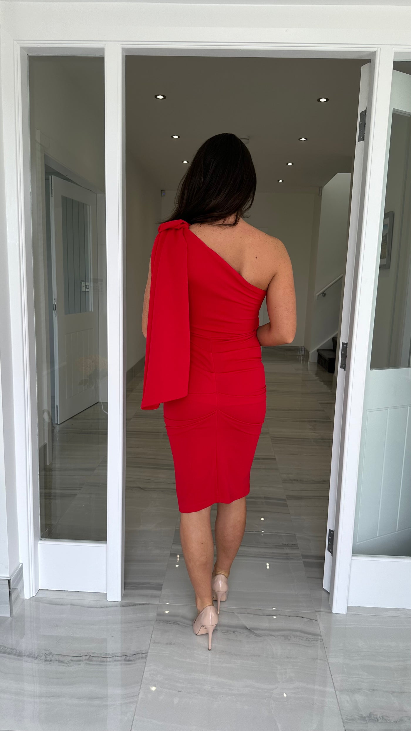 Red Drape One Shoulder Wedding Guest Dress