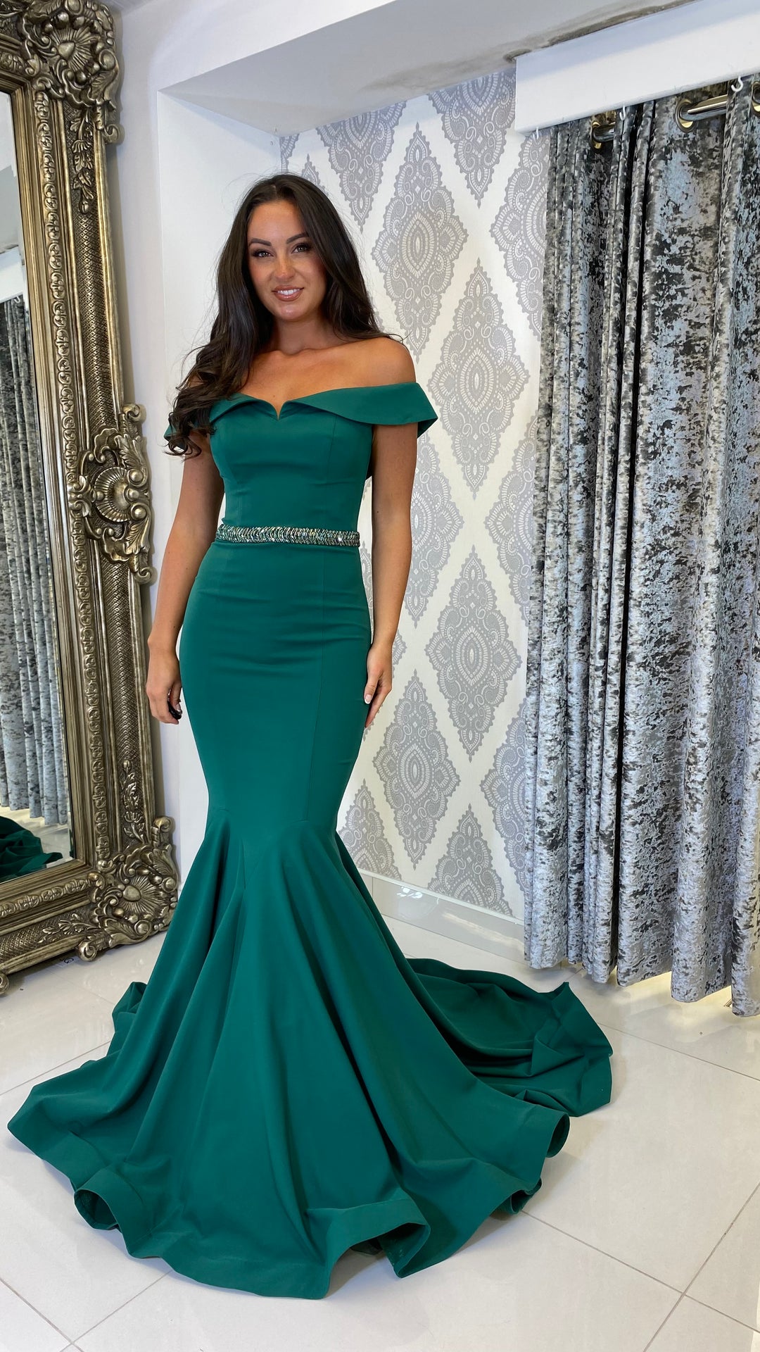 Emerald Green Bardot Fishtail Full Length Gown Rosies Closet