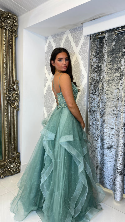 Sage Green Tiered Skirt Corset Ball Gown