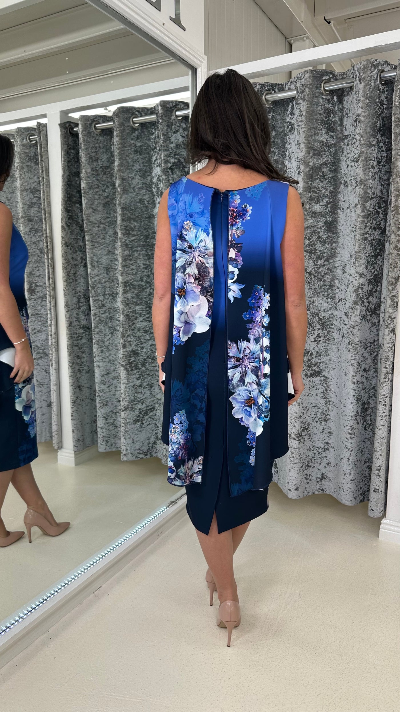 Navy Blue Floral Cape Midi Dress