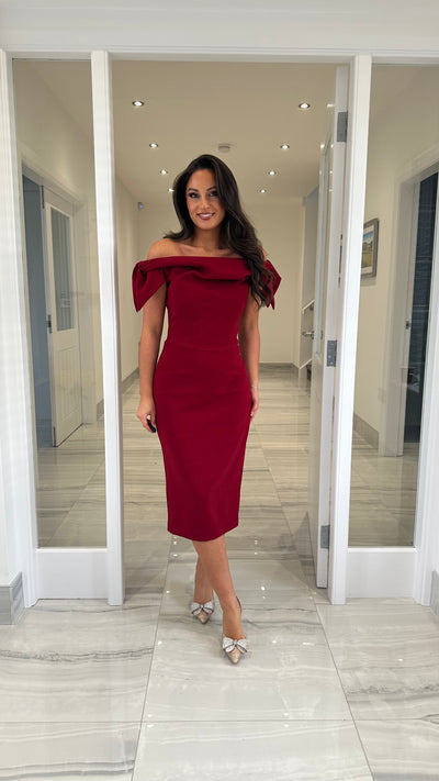 Burgundy Bardot Bow Shoulder Midi Dress