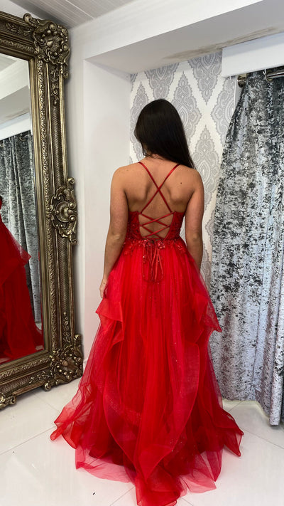 Red Tiered Skirt Corset Ball Gown