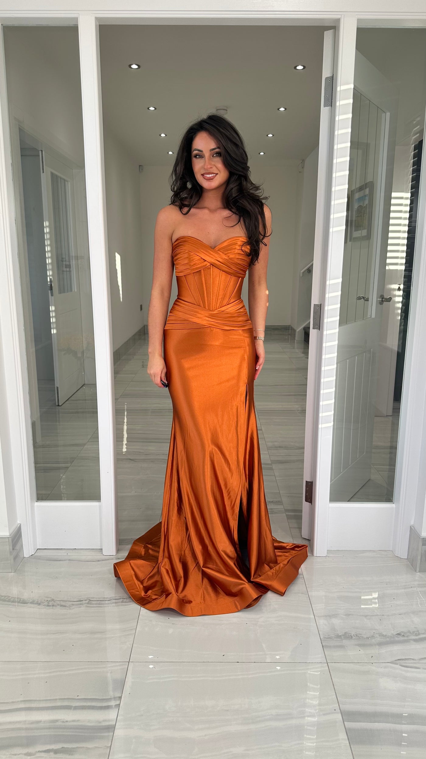 Rust Strapless Sweetheart Satin Gown