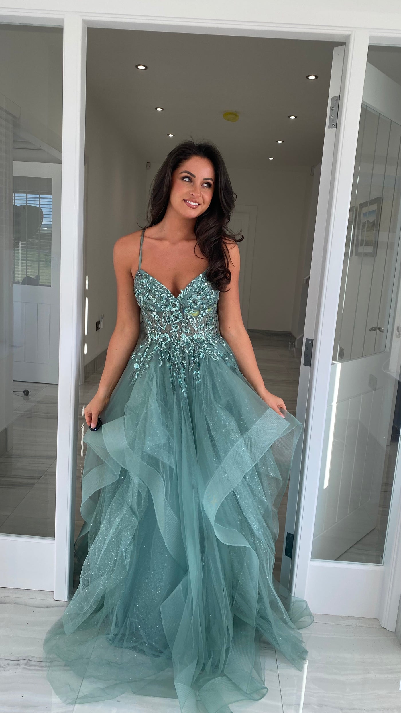 Sage Green Tiered Skirt Corset Ball Gown