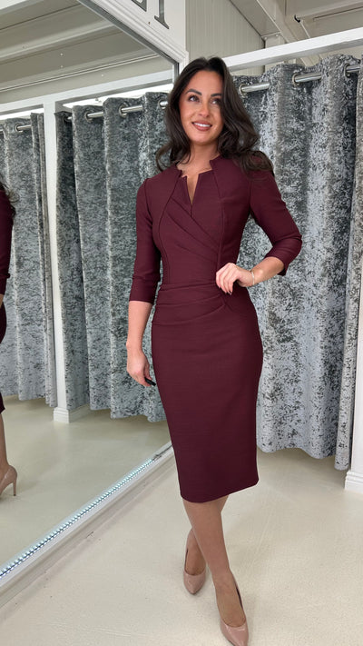 Burgundy Pleated Front V-Neck Midi Dress