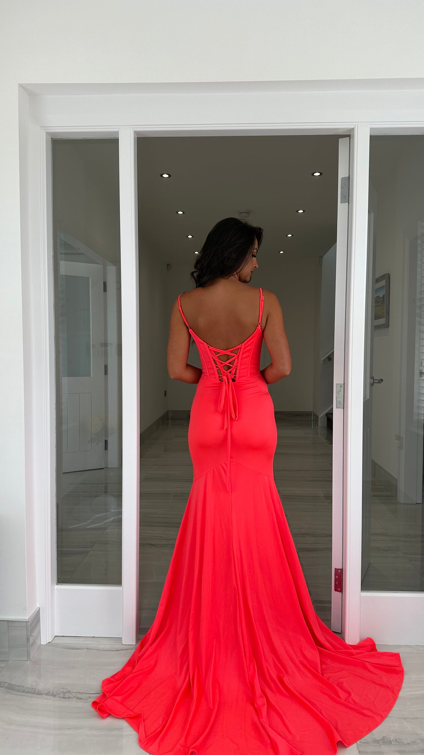 Bright Coral Corset Style Prom Dress