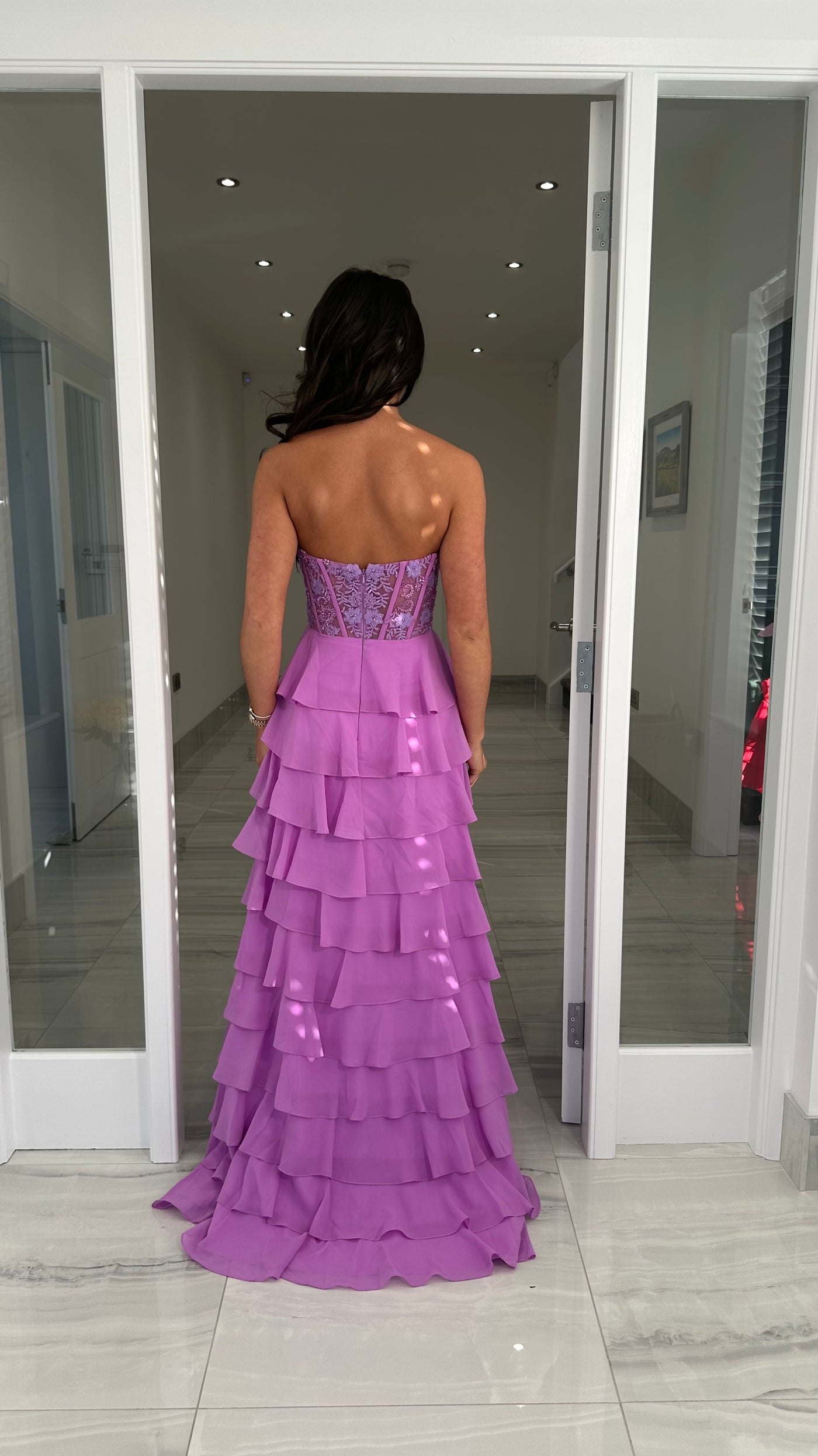 Lilac Strapless Sweetheart Ruffle Skirt Gown