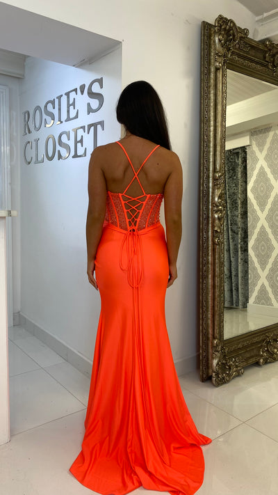 Bright Orange Corset Style Prom Gown