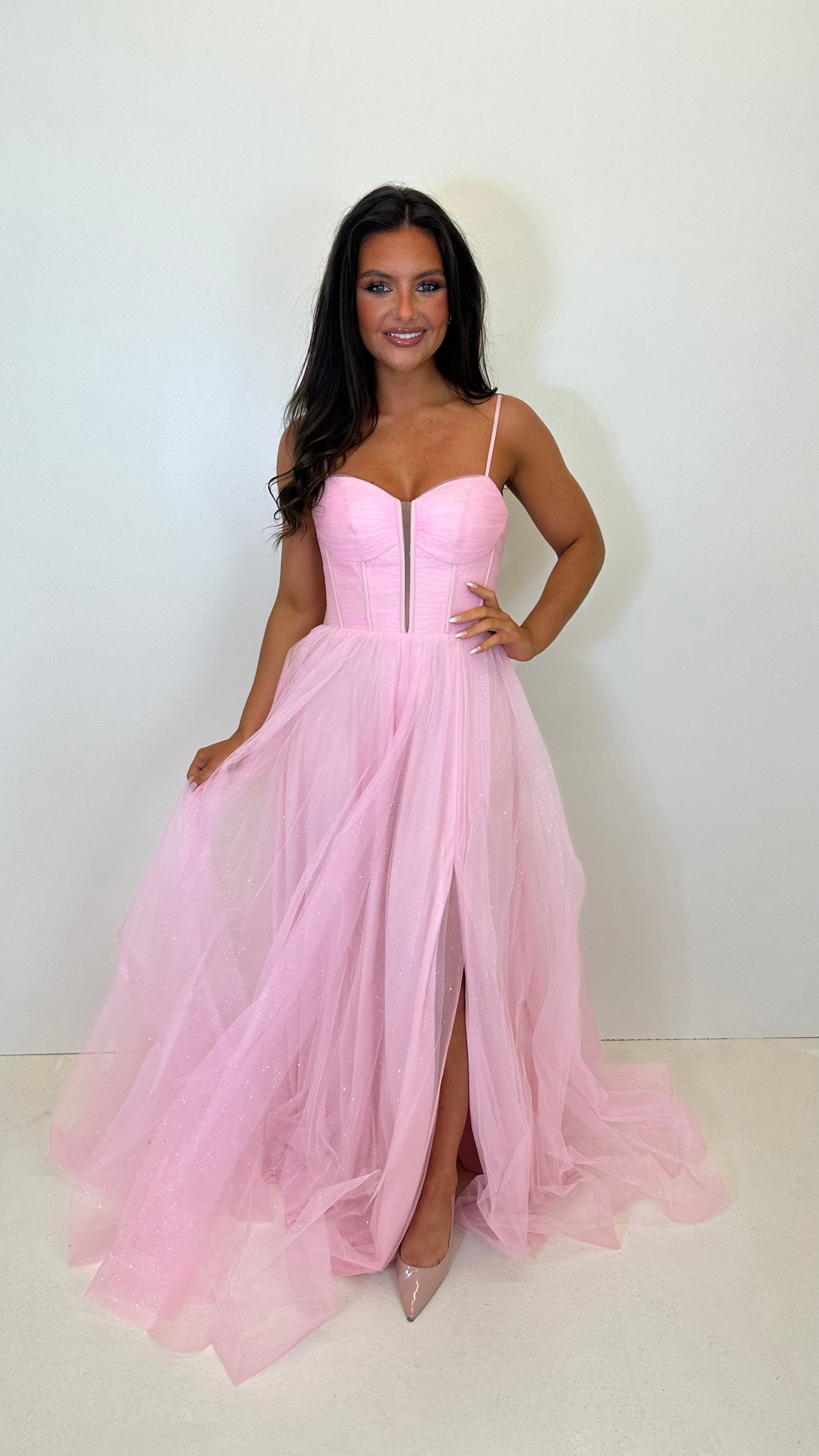 Baby Pink Glitter Corset Back Ball Gown Prom Dress