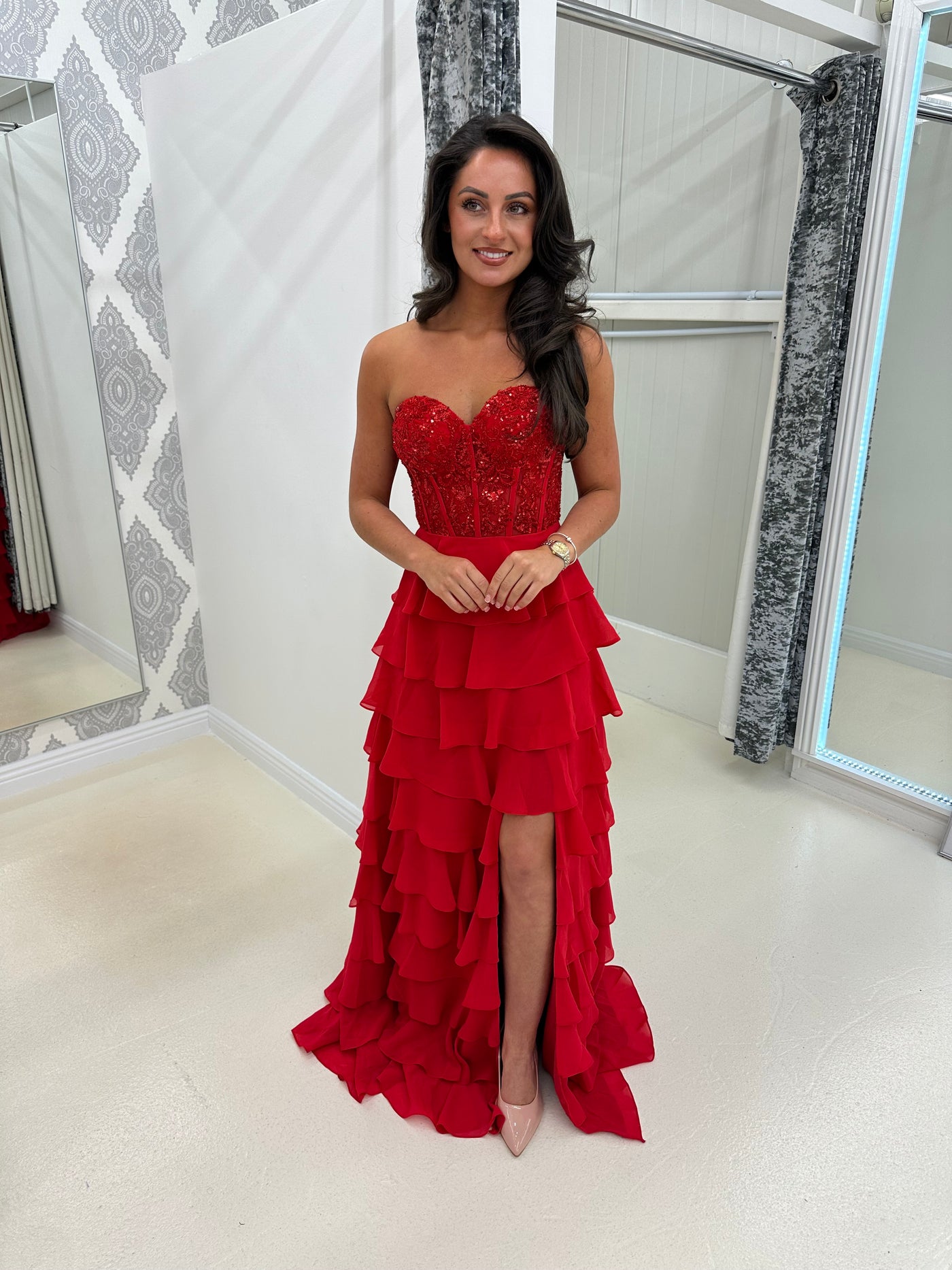 Red Strapless Sweetheart Ruffle Skirt Gown