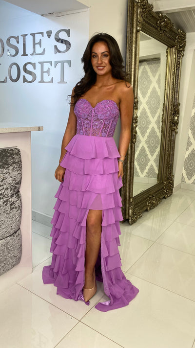 Lilac Strapless Sweetheart Ruffle Skirt Gown