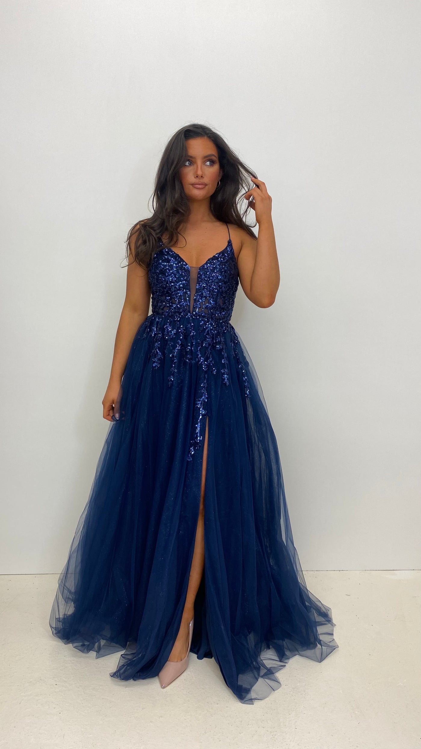 Navy Sparkle Corset Back Ball Gown