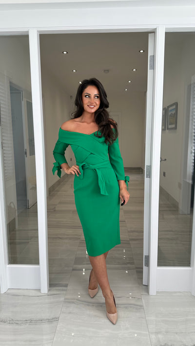 Emerald Green Bardot 3/4 Sleeve Belted Debs Dress