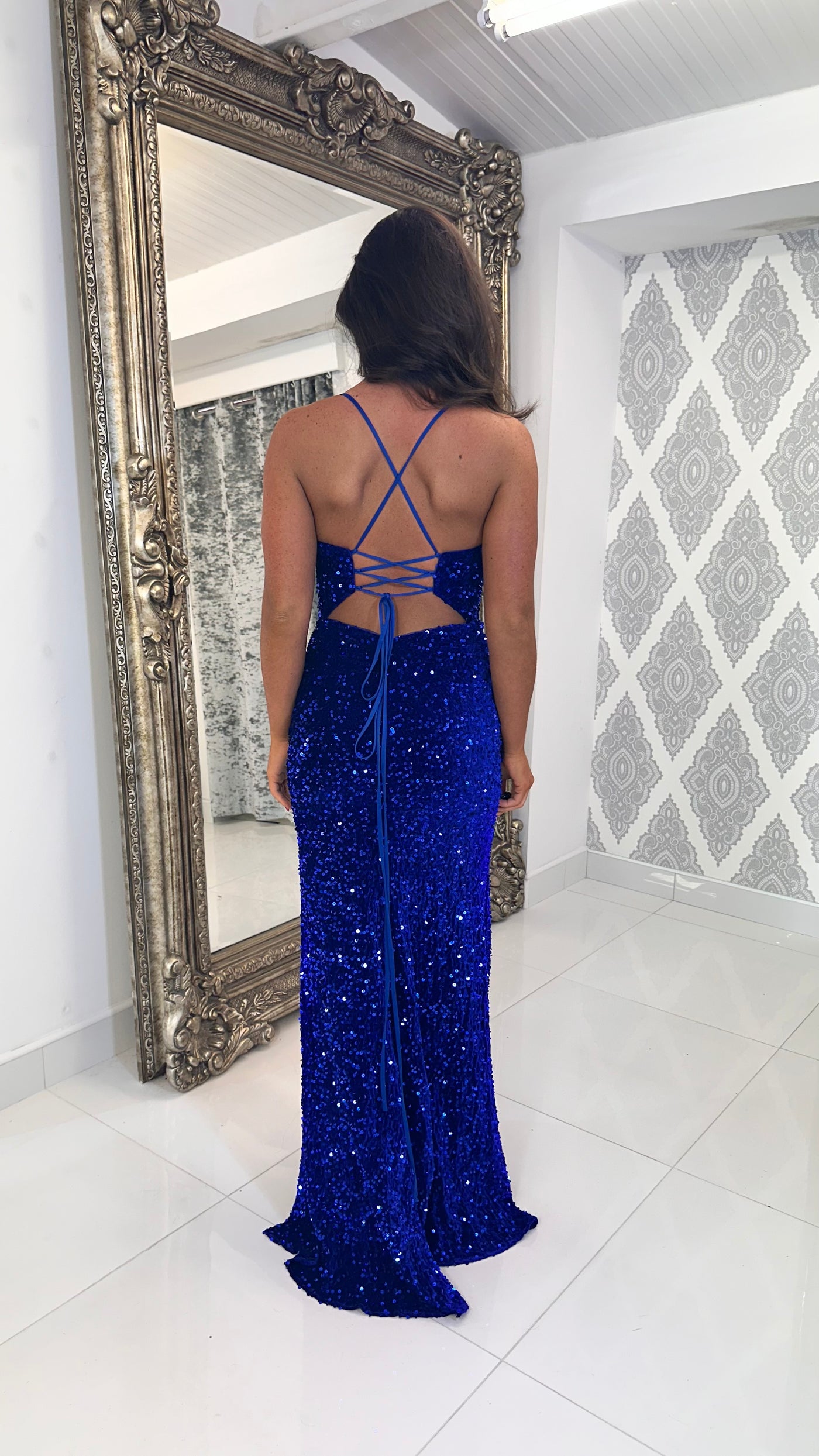 Cobalt Blue Velvet Sequin V-Neck Corset Prom Dress