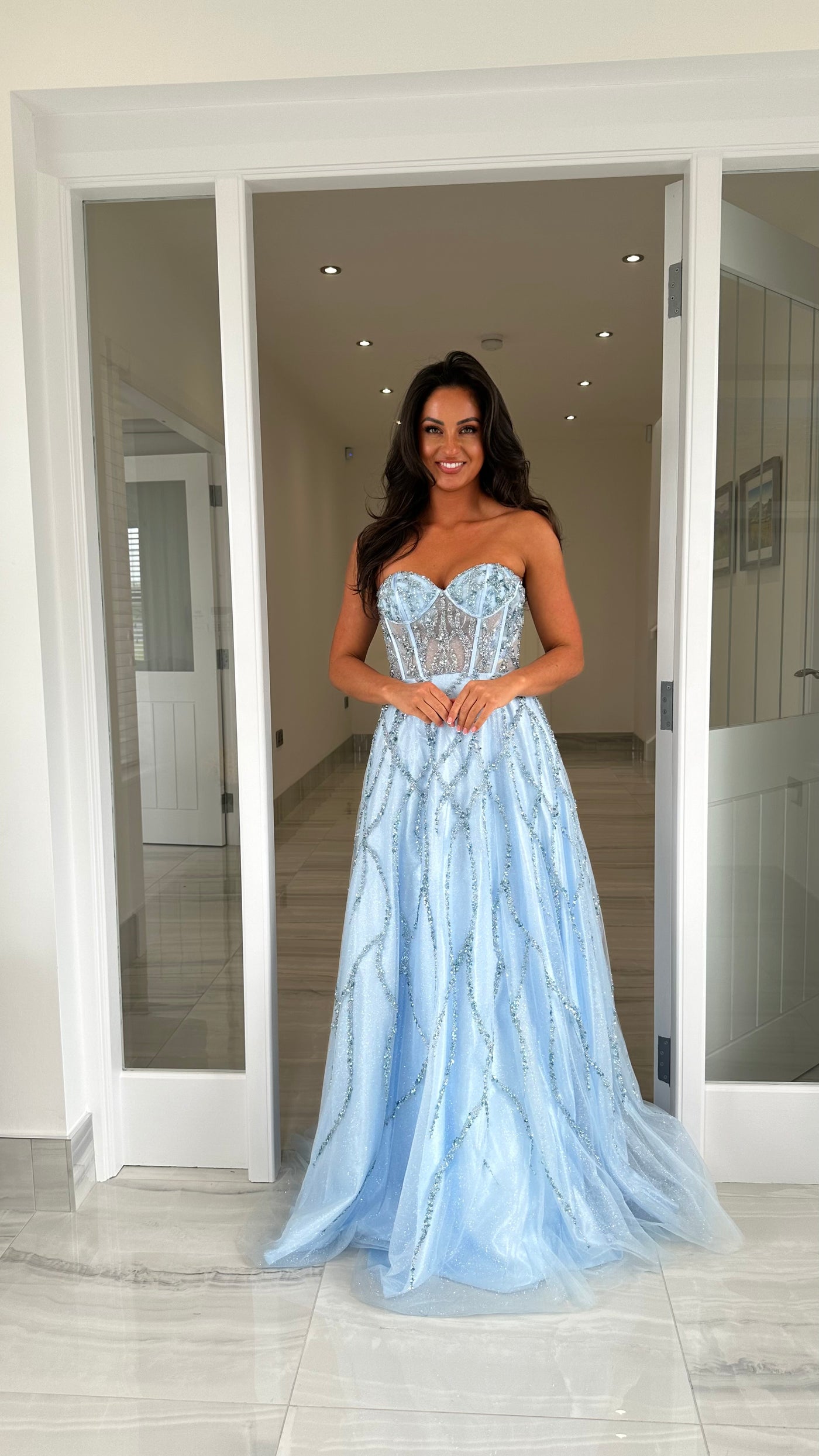 Baby Blue Beaded Corset Strapless A-line Gown