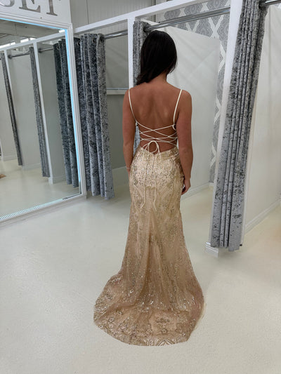 Rose Gold Glitter Backless Corset Full Length Gown