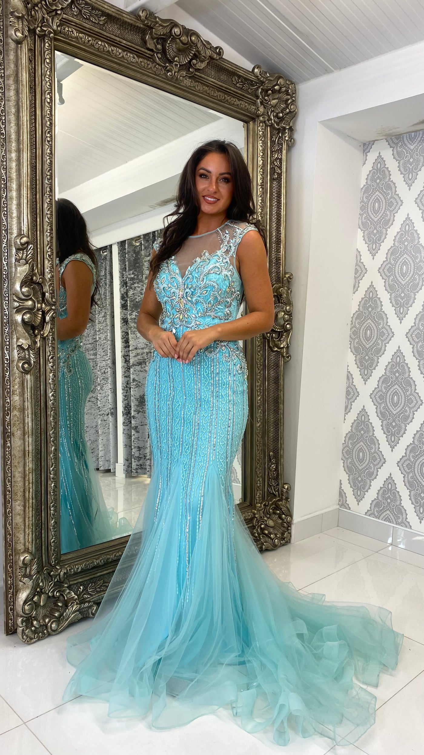 Turquoise Blue Silver Jewelled Fishtail Prom Dress