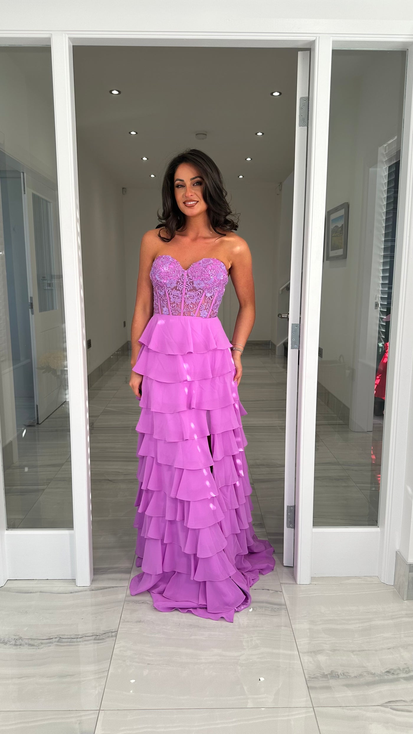 Lilac Strapless Sweetheart Ruffle Skirt Gown