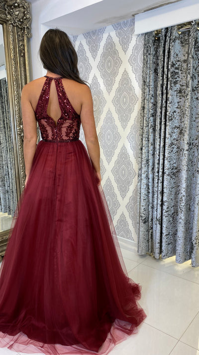 Burgundy Sequin Top Halterneck Ball Gown