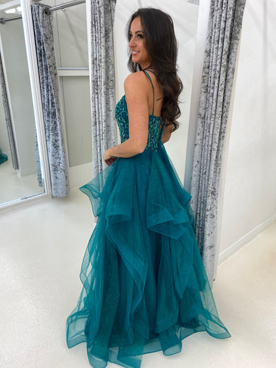 Emerald Green Tiered Skirt Corset Ball Gown