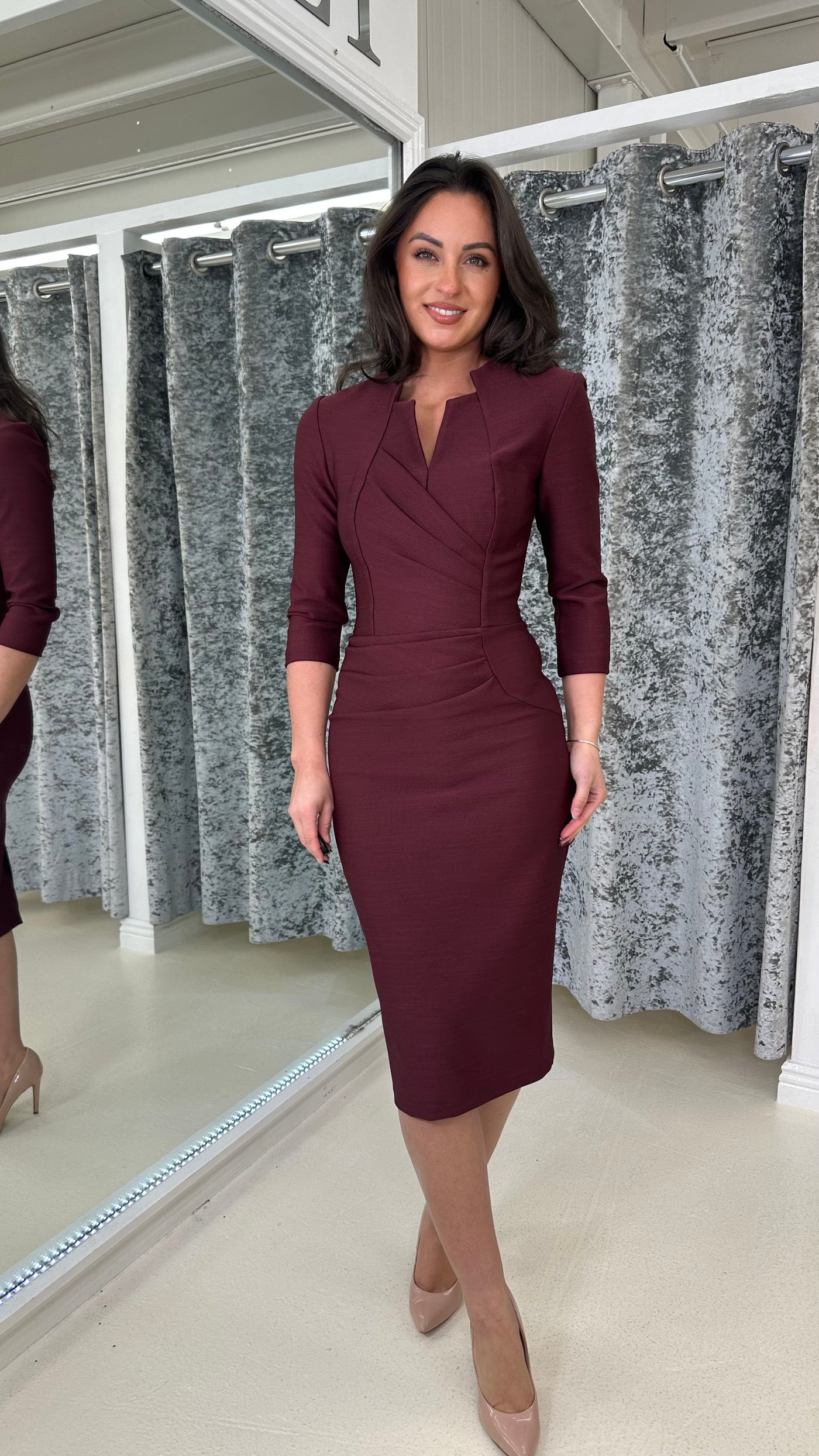 Burgundy Pleated Front V-Neck Midi Dress