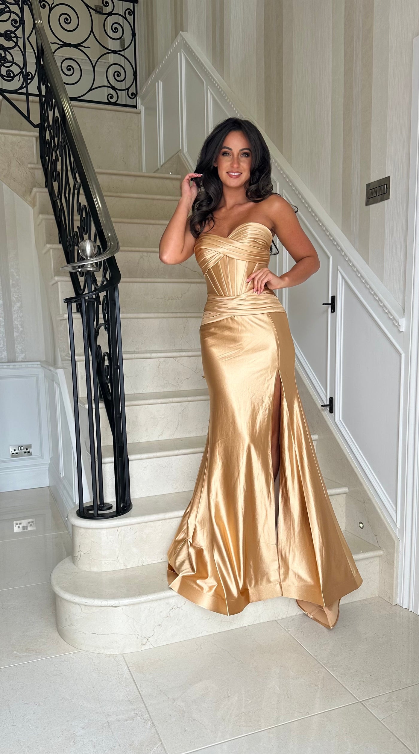 Gold Strapless Sweetheart Satin Gown