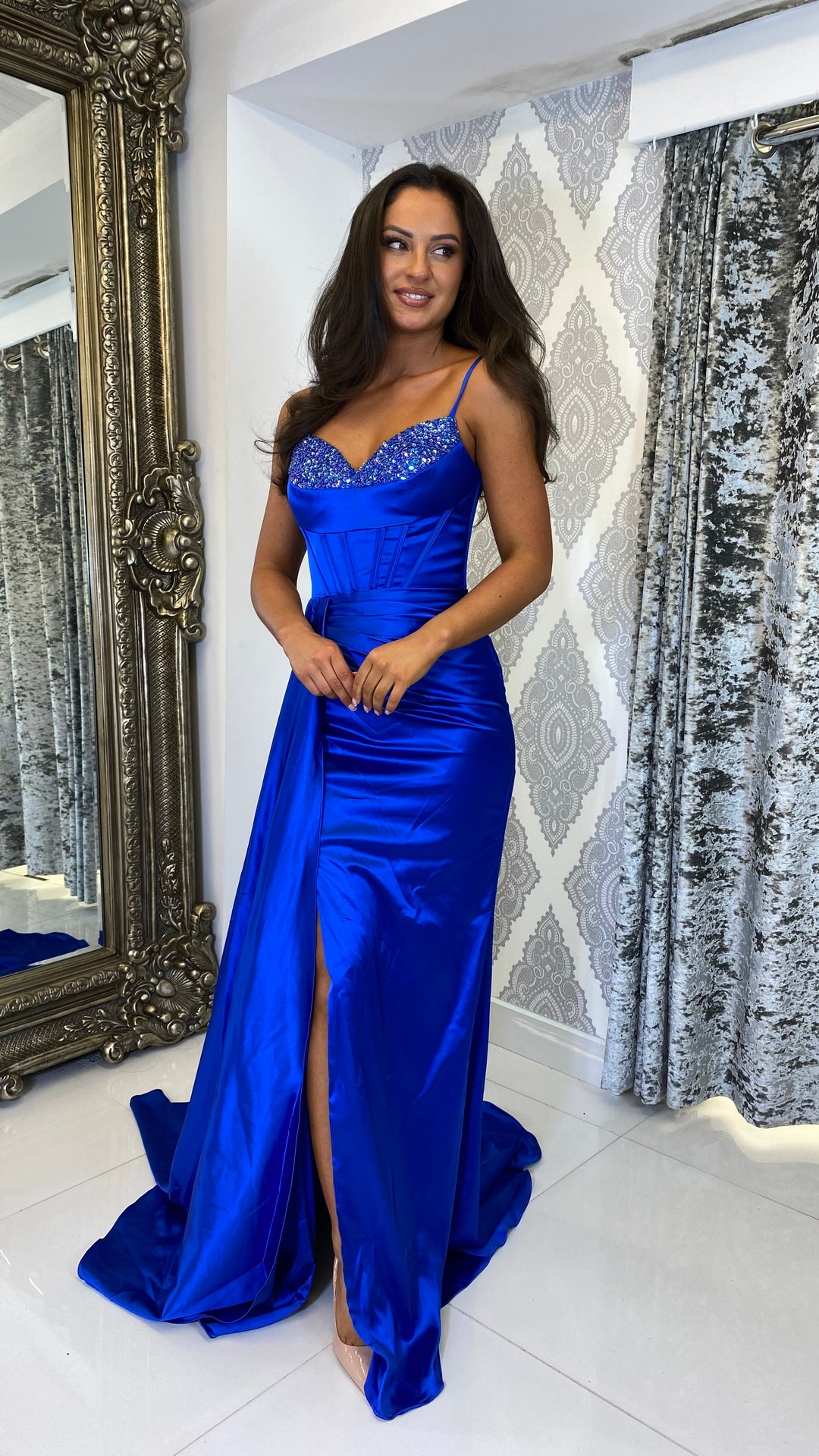 Royal blue satin prom dress deals