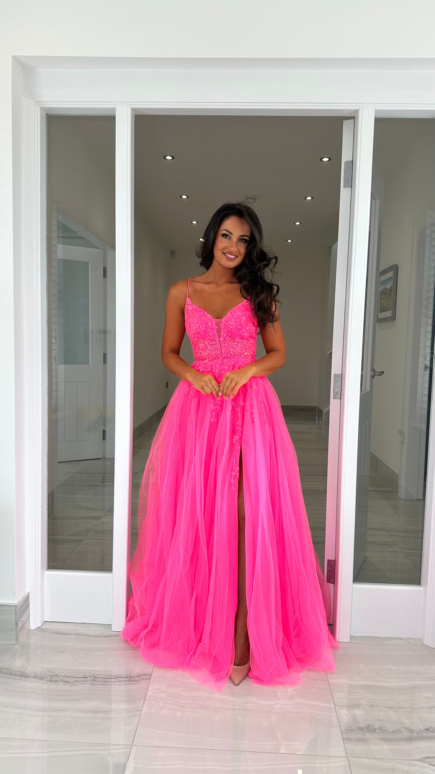 Hot Pink Glitter Corset Ball Gown