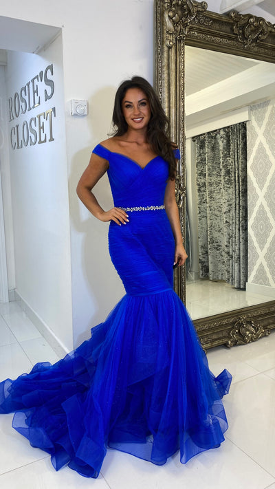 Royal Blue Bardot Fishtail Full Length Gown