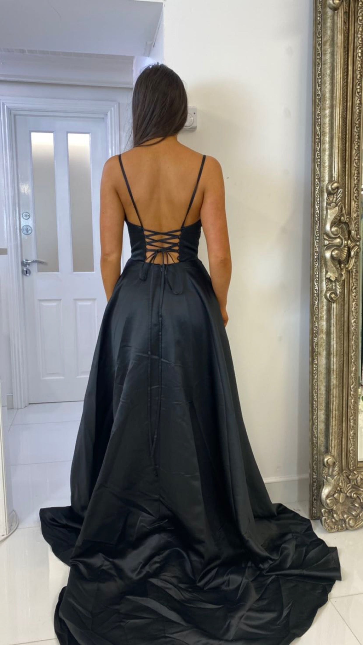 Black Satin Low Cut Corset Ball Gown Prom Dress