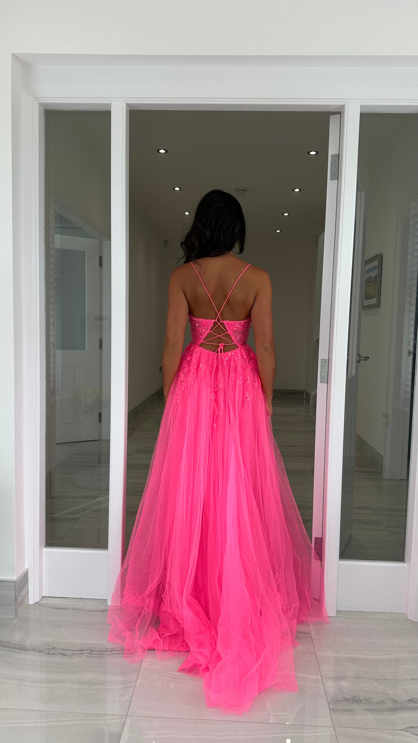 Hot Pink Glitter Corset Ball Gown