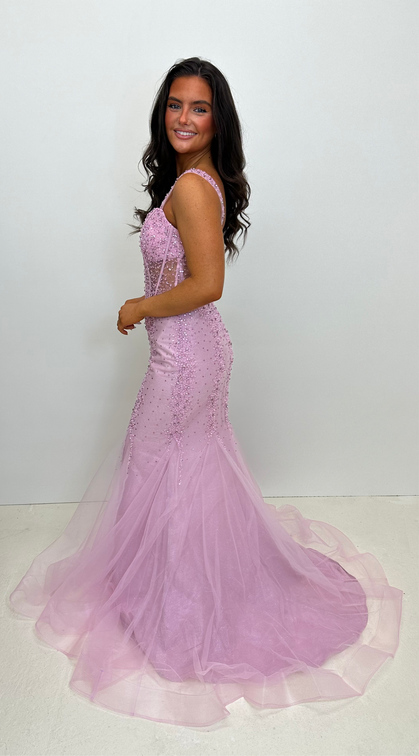 Pink Sequin Corset Style Fishtail Full Length Gown