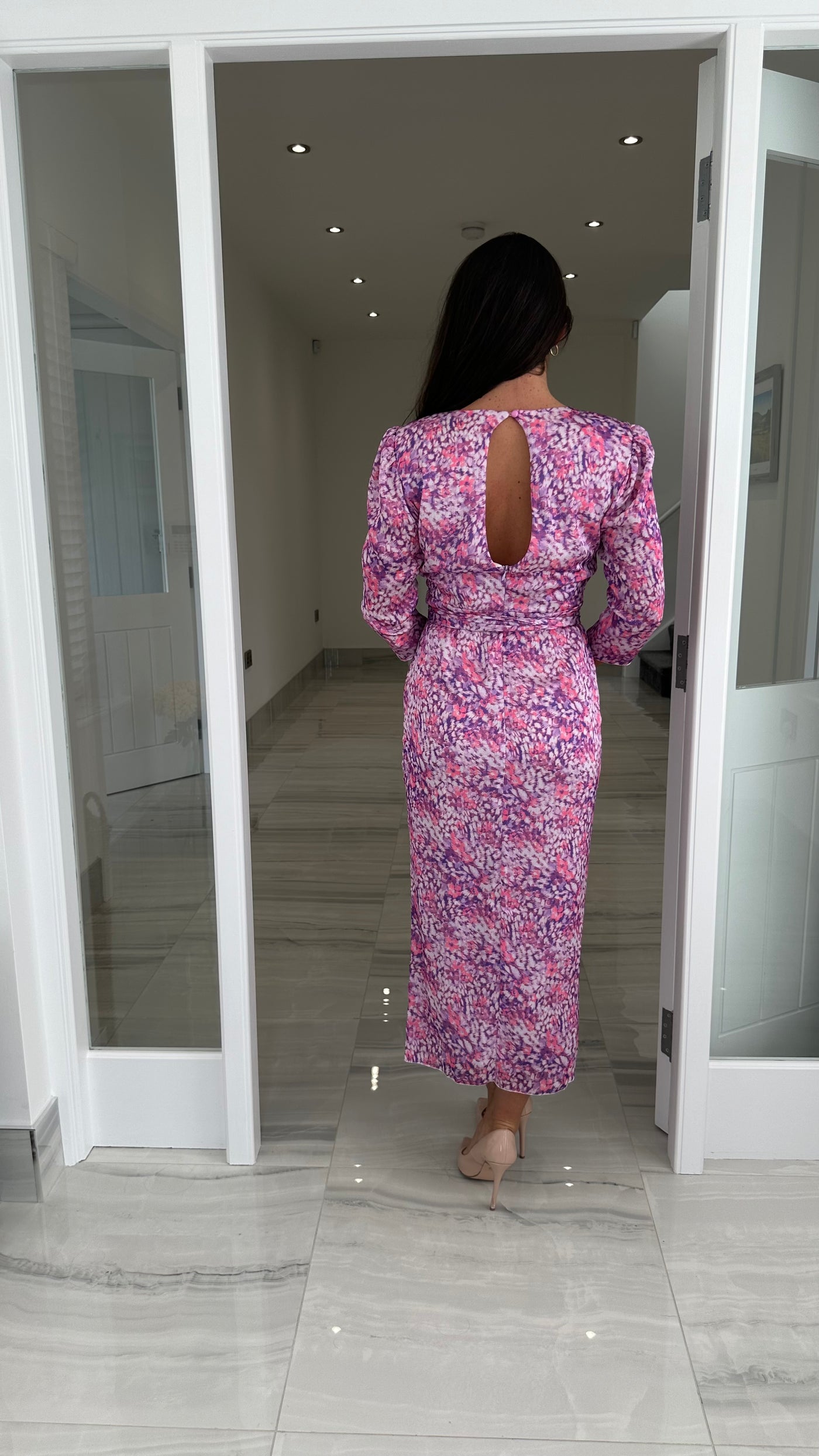 Purple Floral Print 3/4 Sleeve Belted Dress