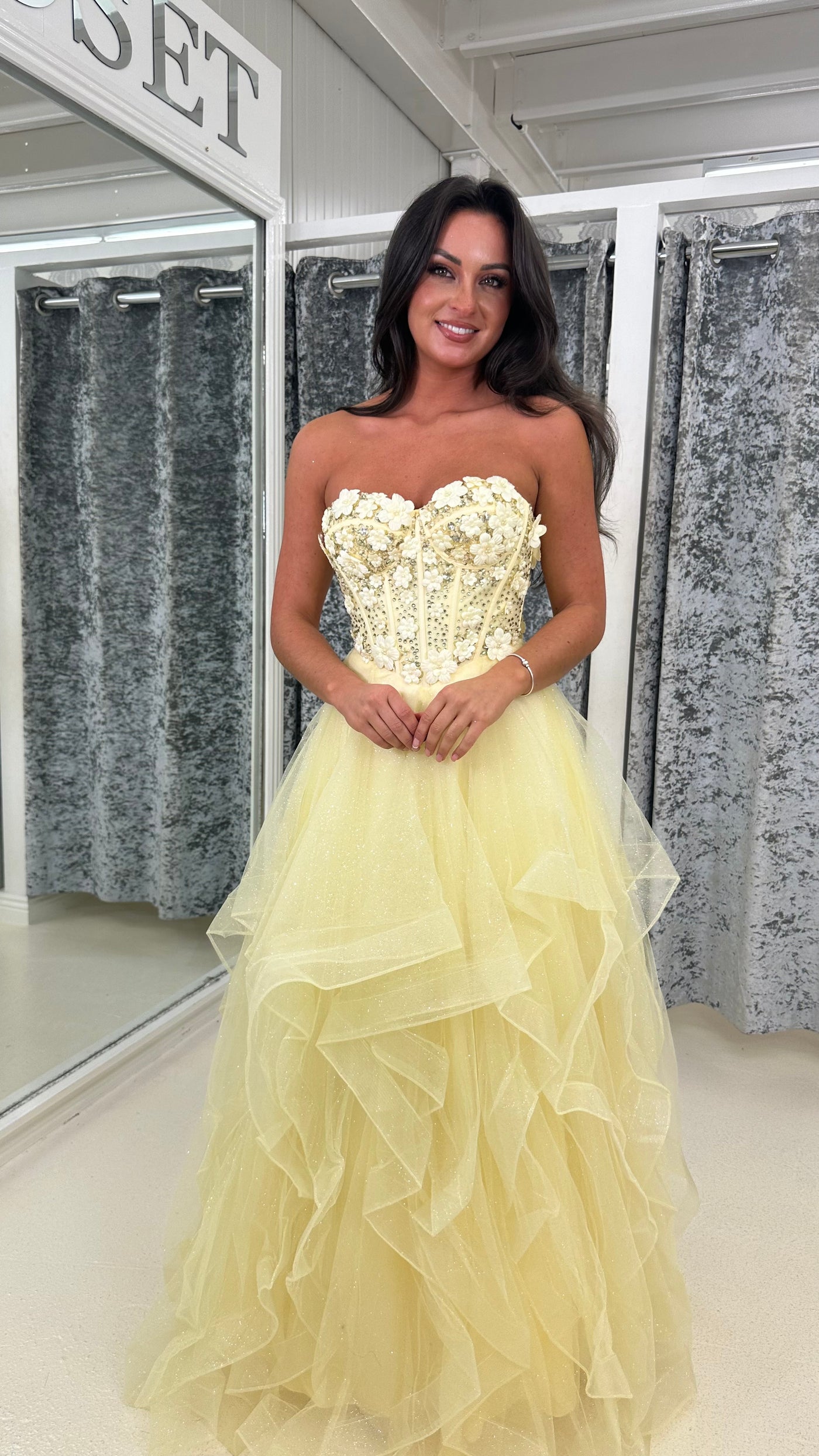 Lemon Flower Embroidery Corset Tiered Skirt Ball Gown