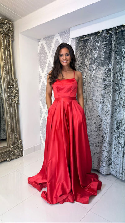 Red Satin Straight Neck Corset Ball Gown