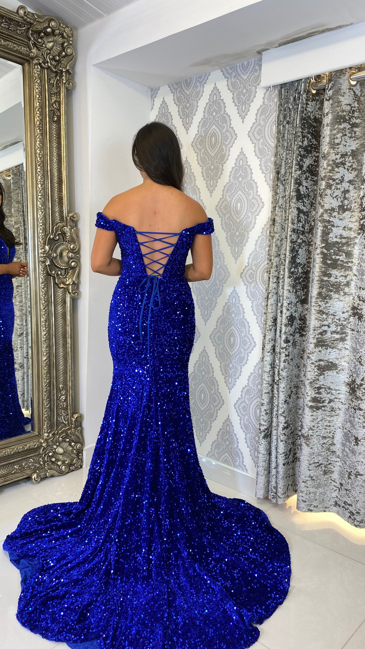 Royal Blue Sequin Bardot Evening Gown