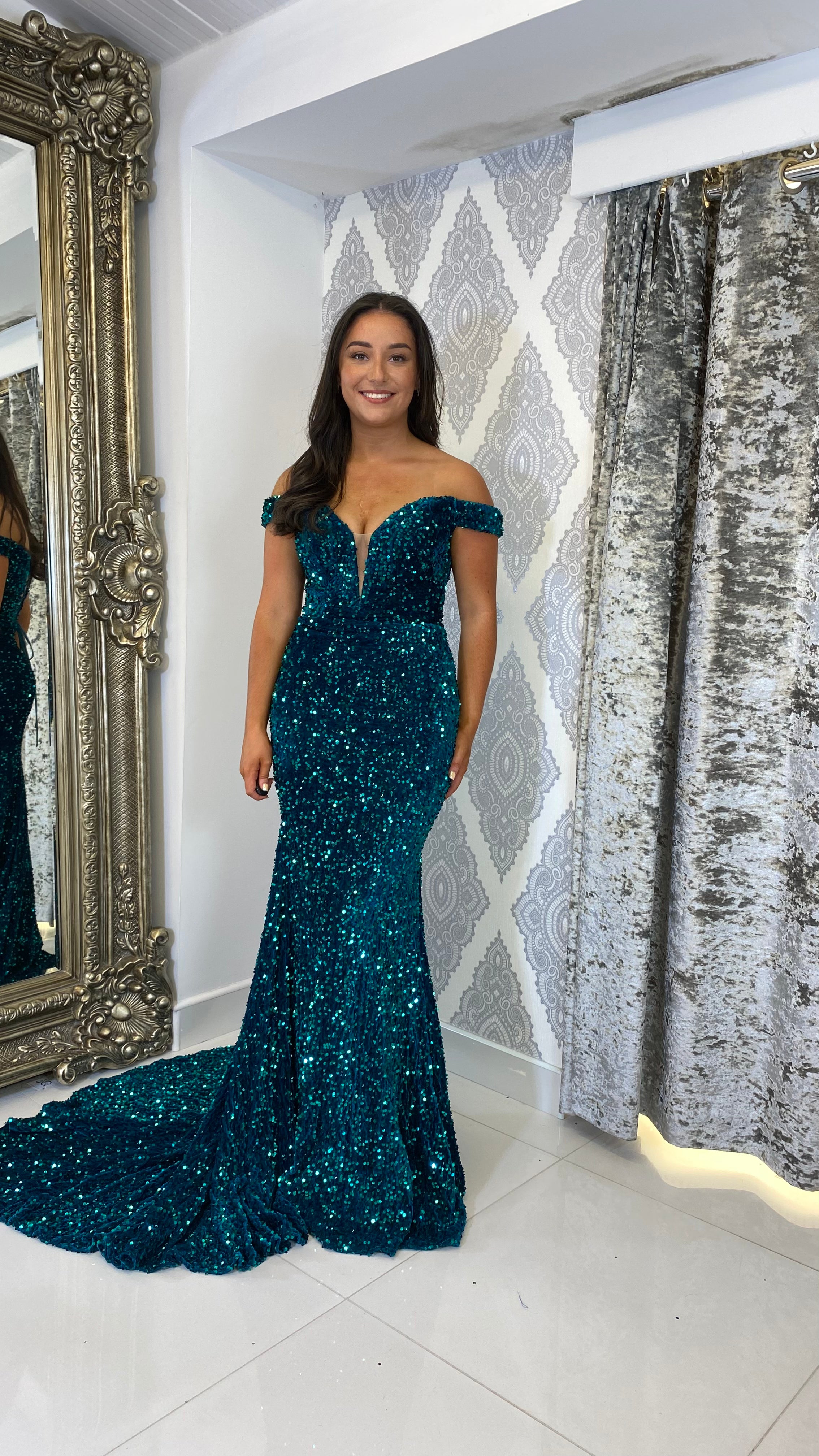 Green Sequin Bardot Evening Gown – Rosies Closet