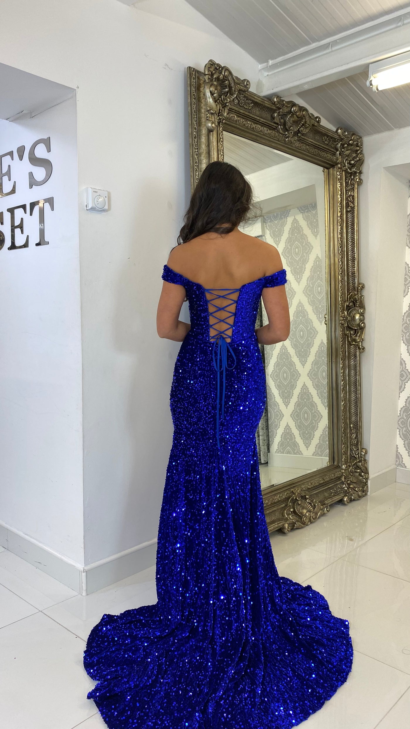 Royal Blue Sequin Bardot Evening Gown