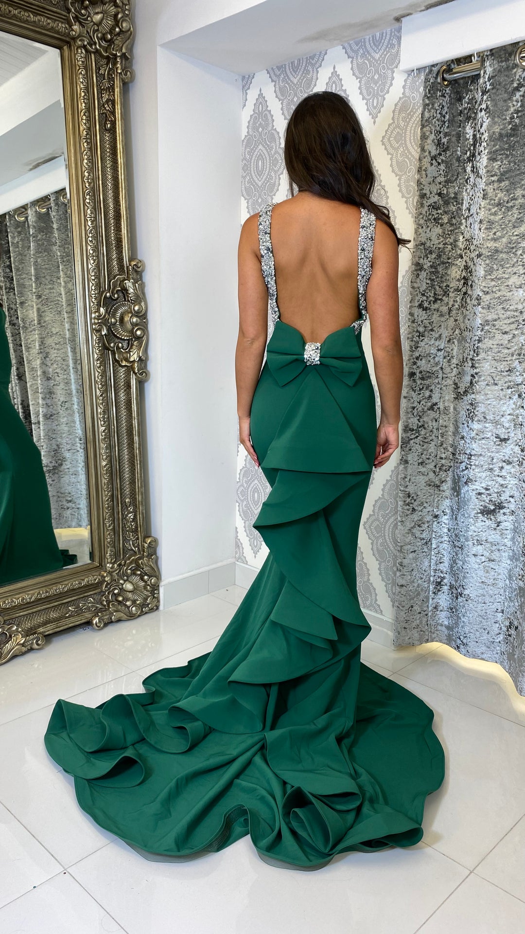 Emerald green backless prom dress hotsell