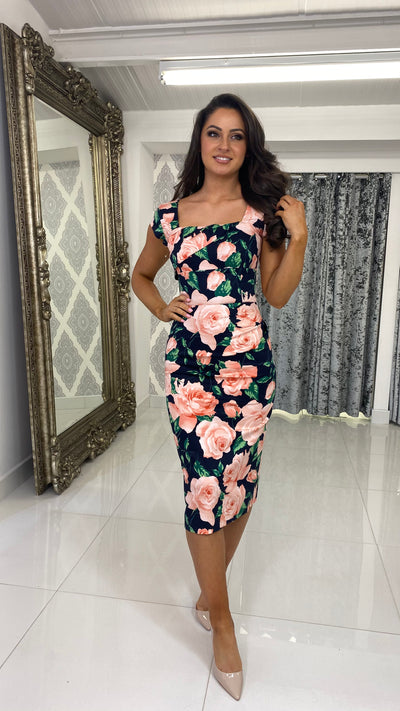 Navy & Peach Floral Square Neck Pencil Dress