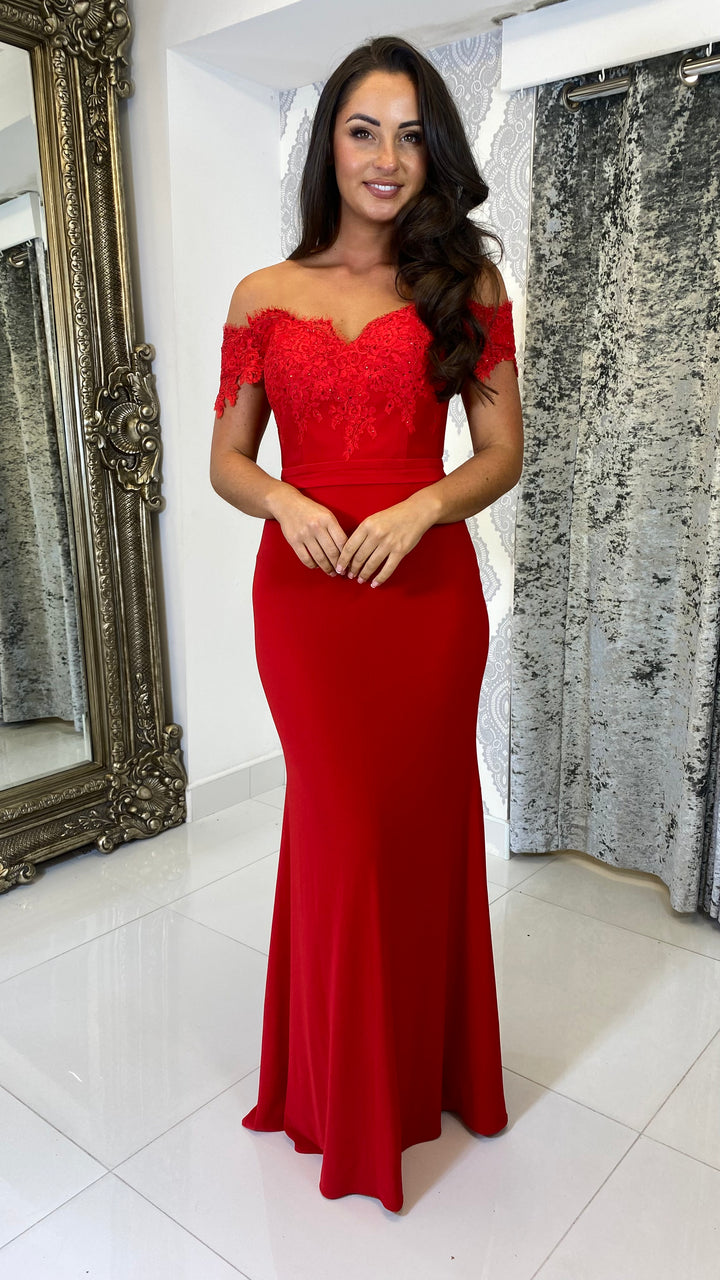 Red Lace Top Bardot Evening Gown Rosies Closet