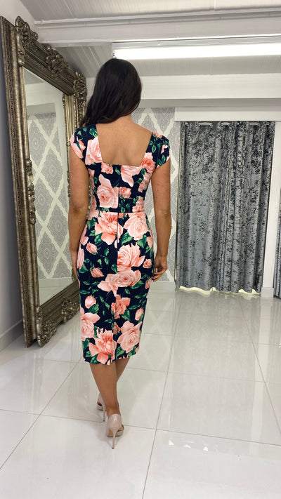 Navy & Peach Floral Square Neck Pencil Dress