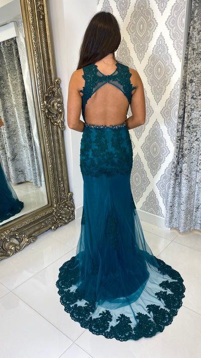 Green Lace High Neck Backless Evening Gown