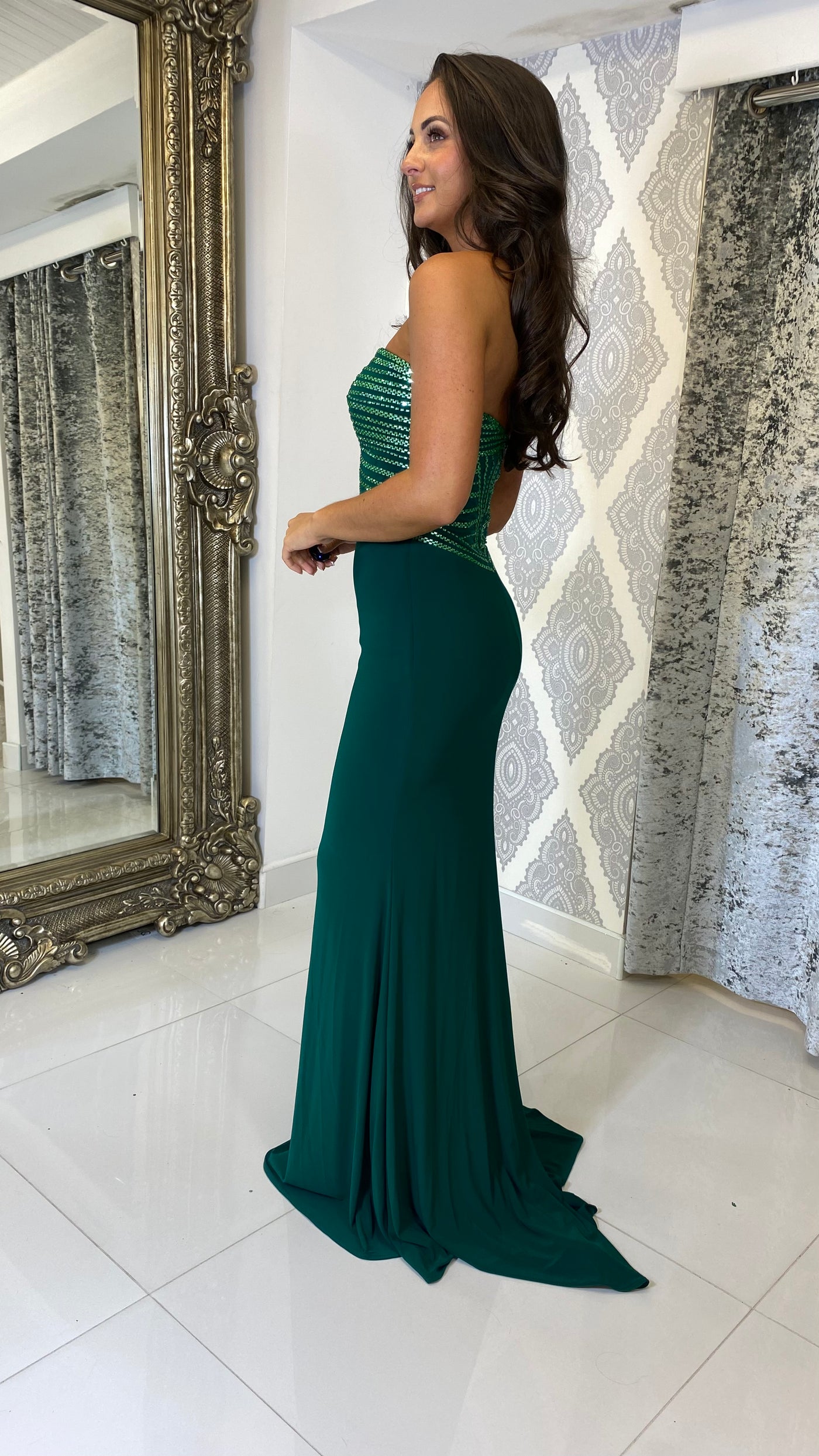 Green Strapless Jewell Top Detailed Evening Gown